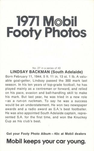 1971 Mobil Footy Photos SANFL #27 Lindsay Backman Back